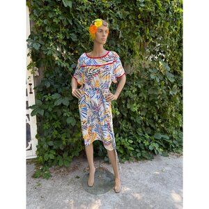 80s Rainbow Tiger Print Shift Dress Caftan with Belt Volup Bust 50" Waist 44"